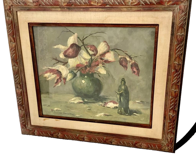 Magnolia Oil Canvas / Board Painting Framed Still Life Ancient Woman Reading