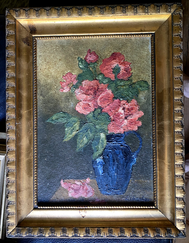 :OIL PAINTING STILL LIFE BLOOMING ROSES YEWS SIGNED GOLD FRAME ANTIQUE INTERIOR