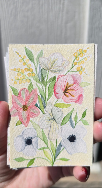 ACEO original art card Flower Bouquet, anemone, poppy, floral Sunspot Artistry