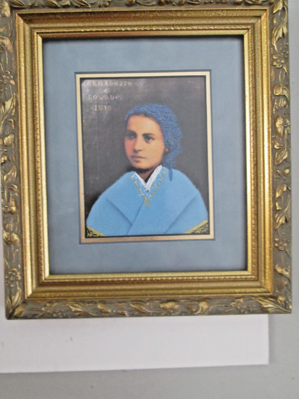 VINTAGE ST BERNADETTE SOUBIROUS PAINTING WITH GARMENTING WEARABLE ART. 9″ X 8″