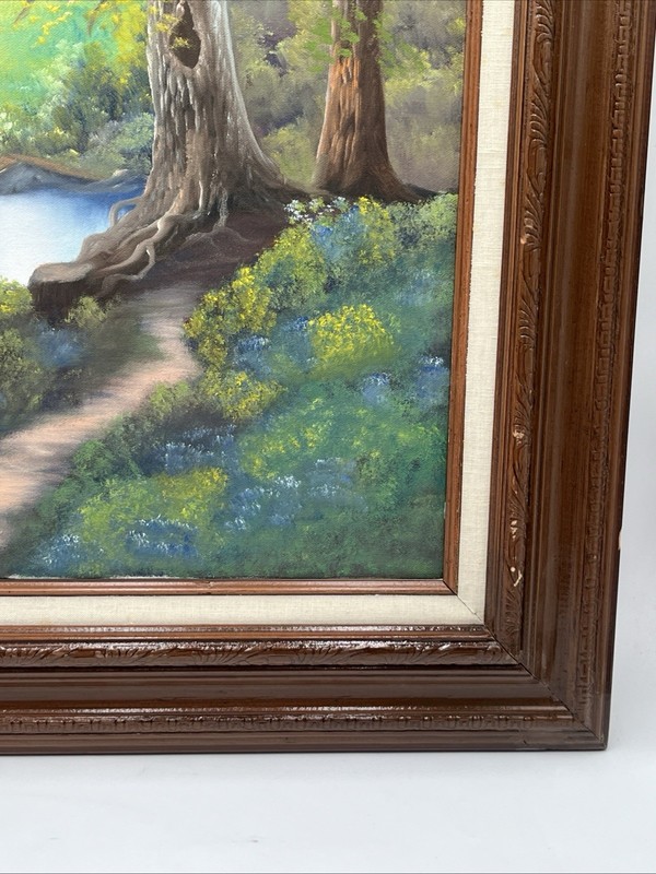 VTG FRAMED OIL ON CANVAS PAINTING Wooded Countryside River Scene Bob Ross Style gallery