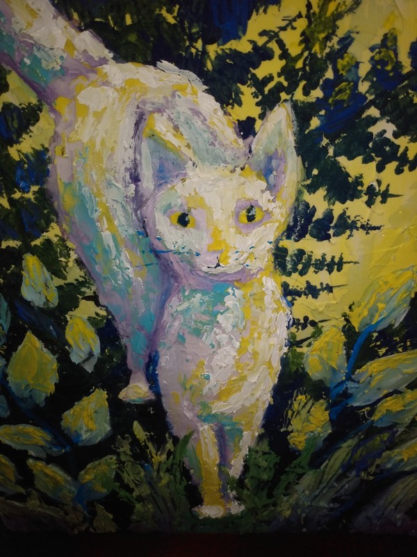Original Painting 24" x 36" Contemporary Cat in Garden impasto canvas signed gallery