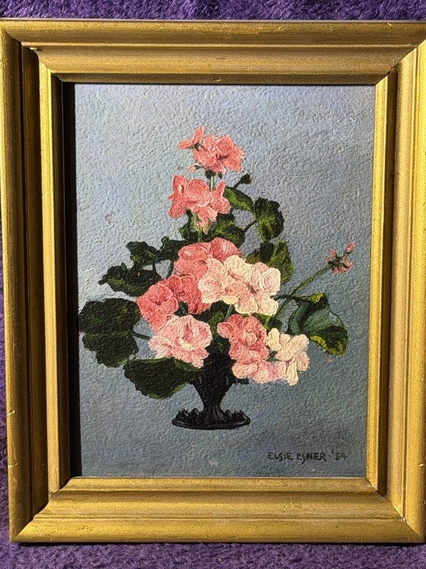 Elsie Esner Signed Framed Floral Still Life Painting 1954 Small 8×7 in