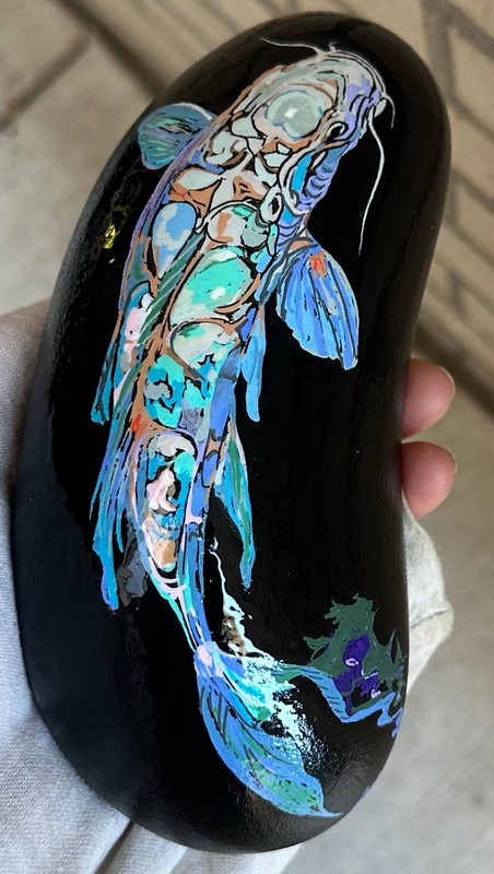 Koi Fish Hand Painted in Acrylic ! Painted On a Large“rock” 7×3 1/2×2