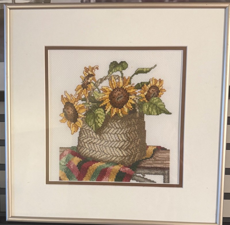 Vintage Hand-Stitched Sunflower Cross Stitch | NeedleworkArt | Cottage Farmhouse