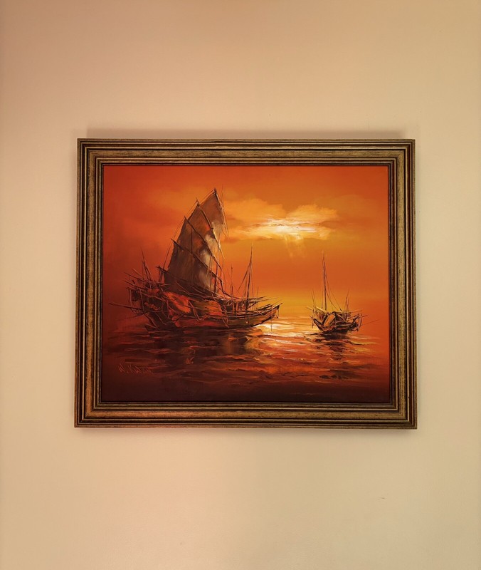 Original W.Kwan Signed Oil On Canvas Framed Chinese Junk Boat Painting Vintage