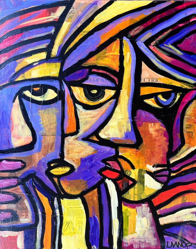 LMNOP Abstract Art Original Signed Acrylic Faces Canvas Painting 24×30 Large