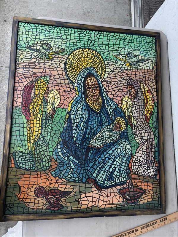 Mosaic style painting religious Mary child and angels signed 1962 29.5 x 24