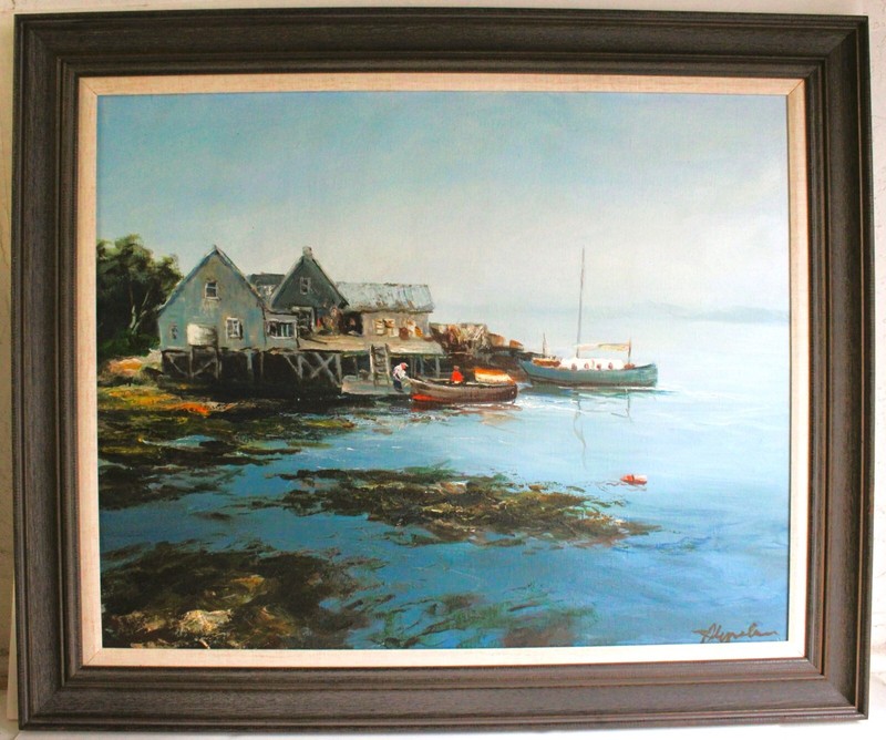 VINTAGE OIL PAINTING ON CANVAS SIGNED BEAUTIFUL HARBOR BOAT SCENE DOCK LOW TIDE