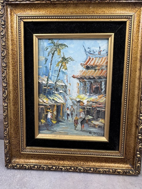 Oil On Canvas Wood Panel Painting Art Oriental Framed Picture Signed "CMH" gallery