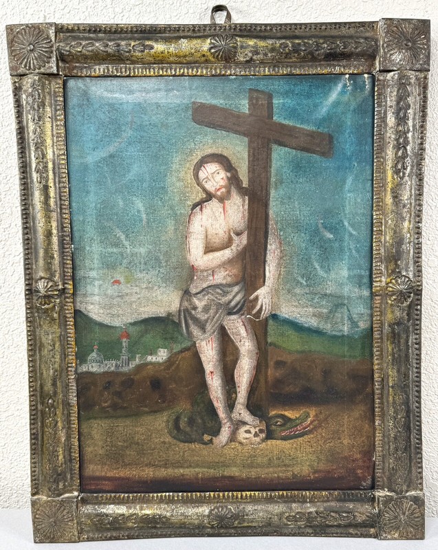 Antique Spanish Colonial Oil Painting Christ & Devil Tin Frame 19th C. Mexican