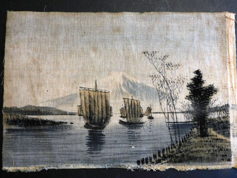 SMALL 1910’s CLOTH JAPANES PAINTING, SAILING SHIPS & MT FUJI in BACKGROUND