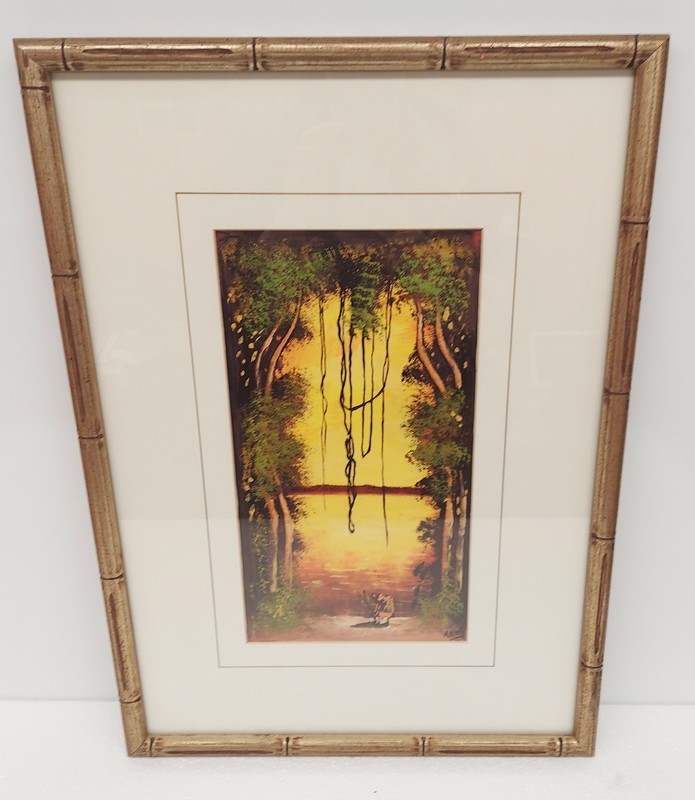 Vintage 22×16″ Tropical Jungle Sunset on Ocean Original Painting by Kabè