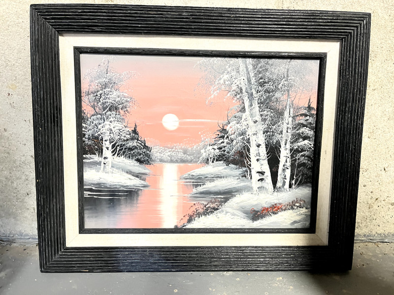 Vintage 1980s Pink & Black Winter Landscape Painting Signed by artist C. Peter