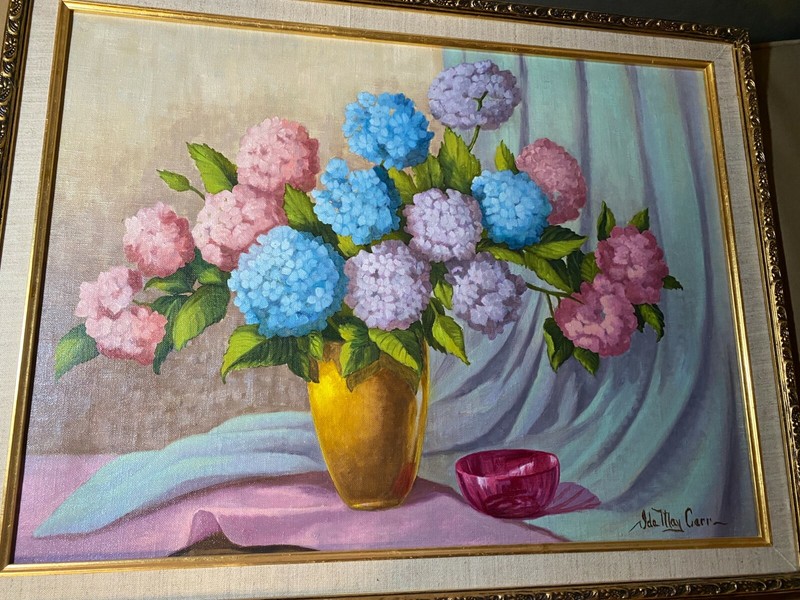 Ida May Carr «Still Life With Flowers And Red Bowl» Oil Painting – Signed/Framed