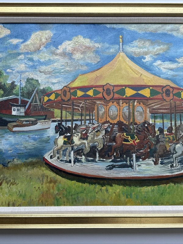 JO CAIN PAINTING CAROUSEL RIDE WPA AMERICAN REGIONALISM FAMOUS OIL ANTIQUE RARE gallery