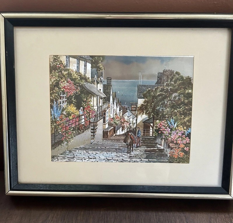 Vtg. Seaside Foil Painting “9×13” Landscape City Water Depth Picture Village
