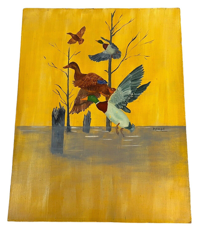 Flying Ducks Geese Over Pond Painting On Hardboard Artist MARGE 14″x18″ Cabin