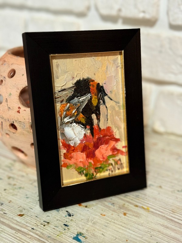 Framed Original Painting Bumblebee Honey Bee Impasto Flower Oil Signed Art gallery