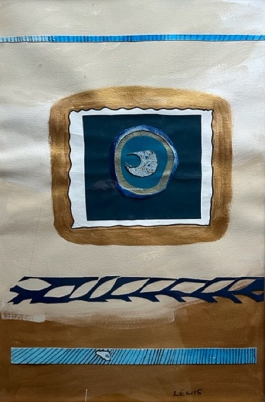 LEWIS MARCH AUSTRALIAN OIL COLLAGE «ABSTRACT BLUE MOON» C 1990 UNFRAMED
