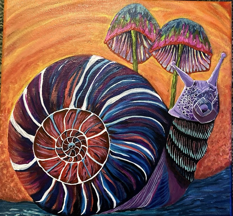 Psychedelic Snail & Mushrooms – Original 12x12 Acrylic by Self-Taught Artist gallery