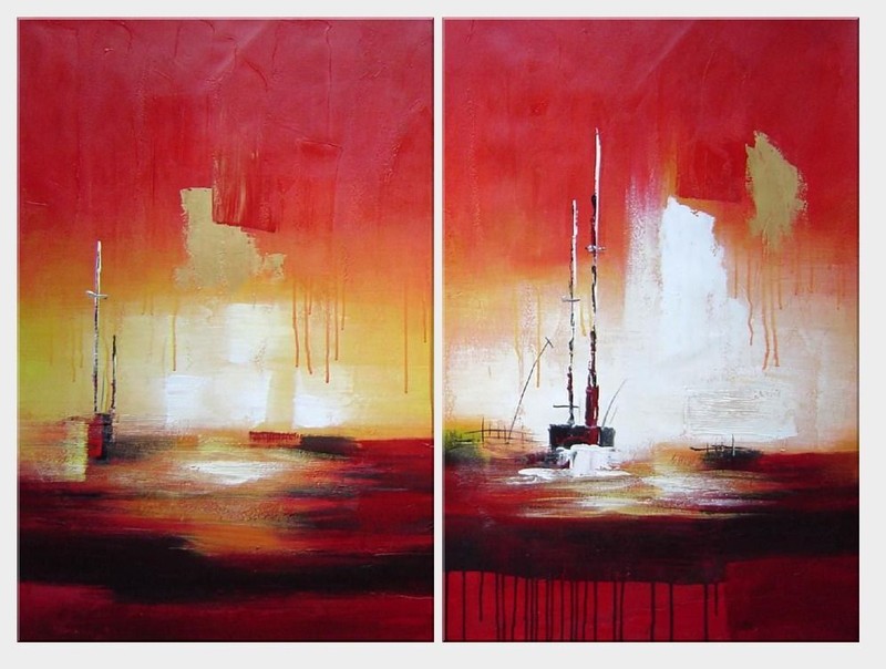 36×48 Modern Port in Sunset Oil Painting 2 Canvas Set Decorative Seascape