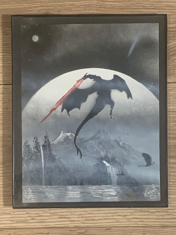 Original Hand Signed Fantasy Dragon Airbrush Painting Mixed Media Framed 8×10