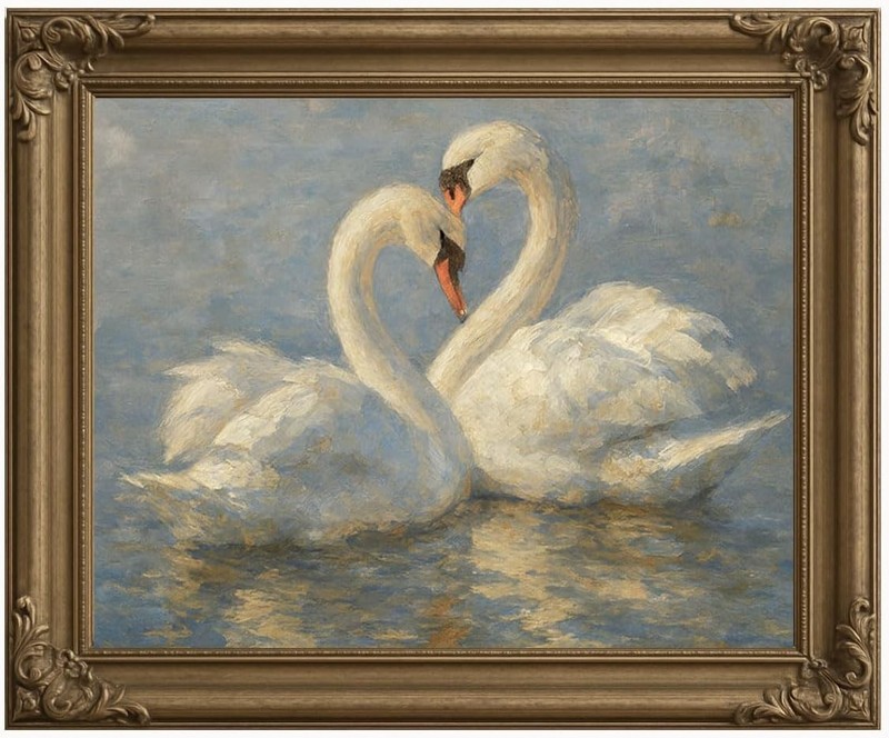 Swan Couple Wall Art – Romantic White Swan Print – Vintage Impressionist Oil
