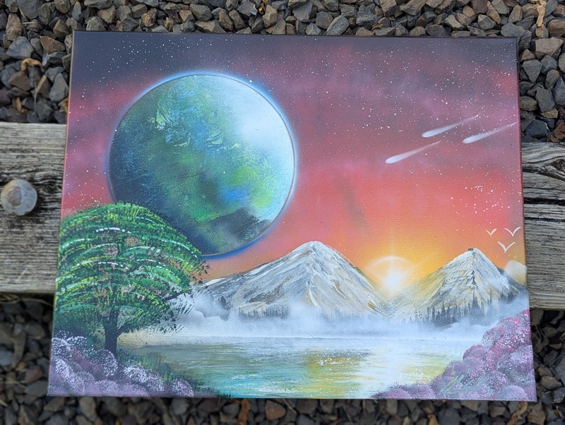 Cosmic Dawn. 16×20 Inch Canvas Spray Paint Art. Original Work, signed.