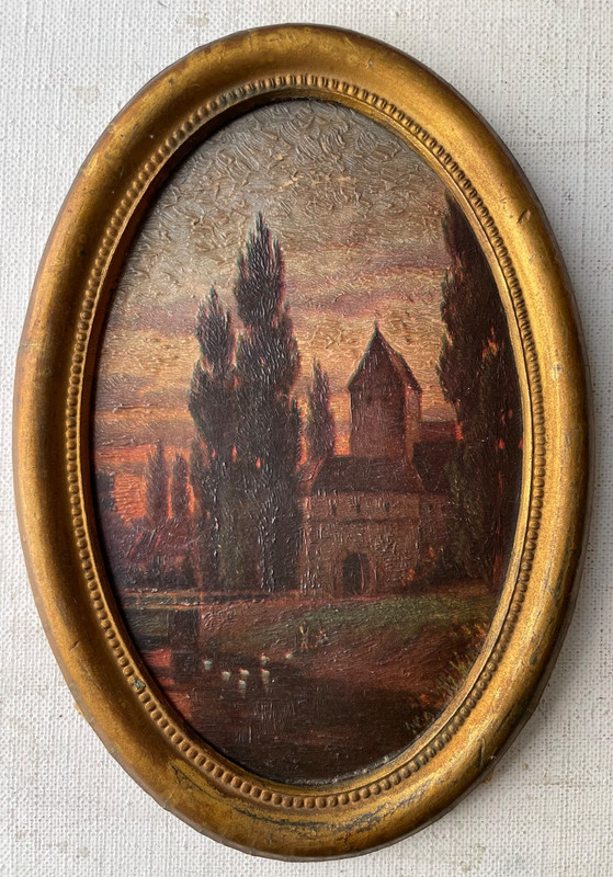 Antique French – Oil Painting – Landscape of a Castle at Sunset