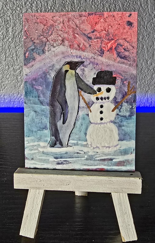 Aceo Original Mixed Media Painting, A Penguin Building A Snowman