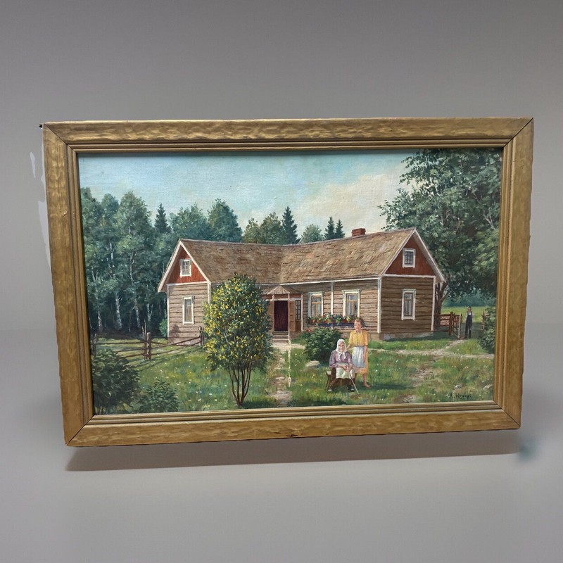 🎨 Vintage Original A. Huoppi Oil Painting – Rare Rural Homestead Scene 🏡