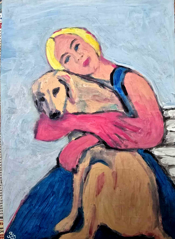 Hand Painted Acrylic Painting «Lady with the Dog. Unconditional love» . Signed