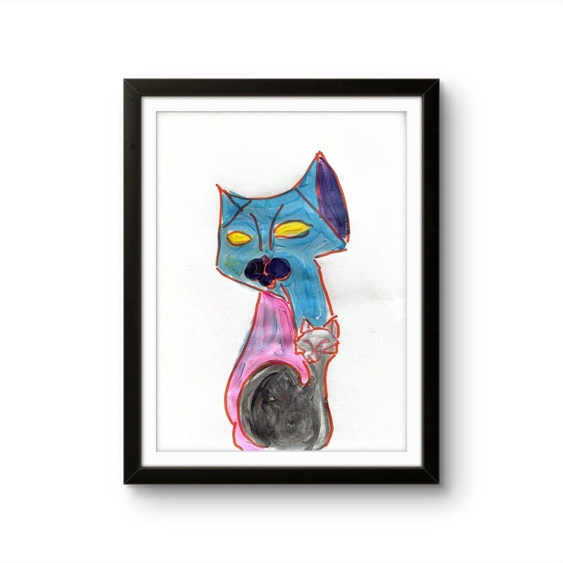 Abstract Blue Cat Folk Art Painting on Paper | Neo Expressionist Whimsical Wall