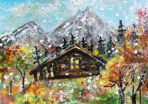 ACEO Original Painting TREE Autumn CABIN SNOW Landscape FALL Leaf Nature ATC ART