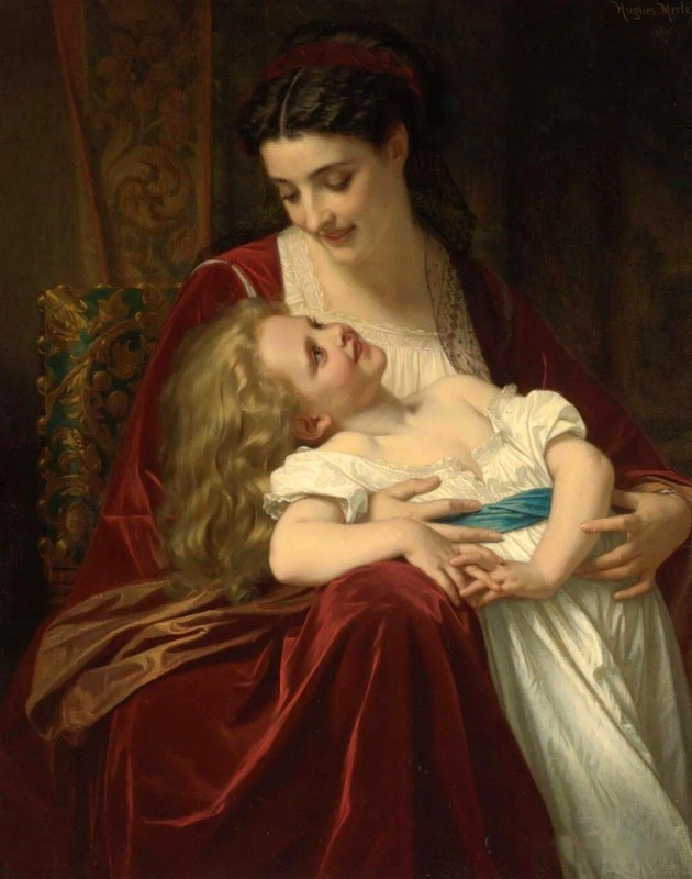 Dream-art Oil painting Hugues Merle young woman portrait sweet moment on canvas