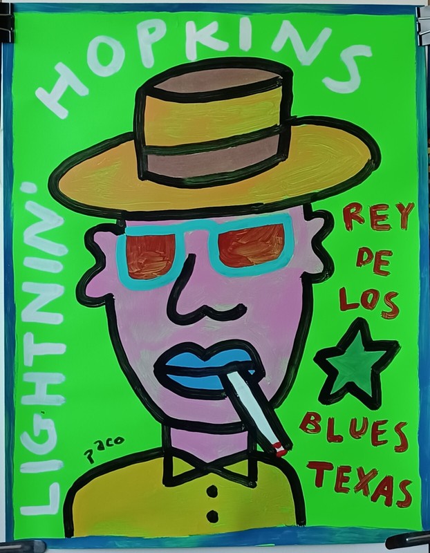 Paco Felice painting of Blues legend Lightnin’ Hopkins on poster board