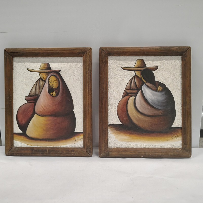 J Ortiz Mexican Folk Art Paintings Oil On Canvas Family Vtg 1994 *PLEASE READ*