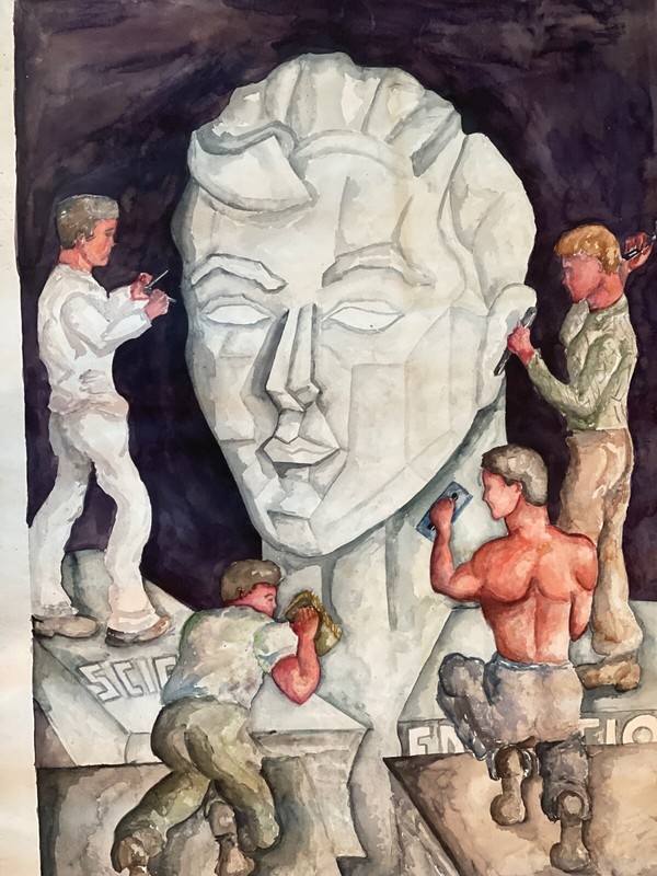 4 STONE MASONS WATERCOLOR SCIENCE RELIGION EDUCATION & LAW SIZE 40.5″ X 26.75″