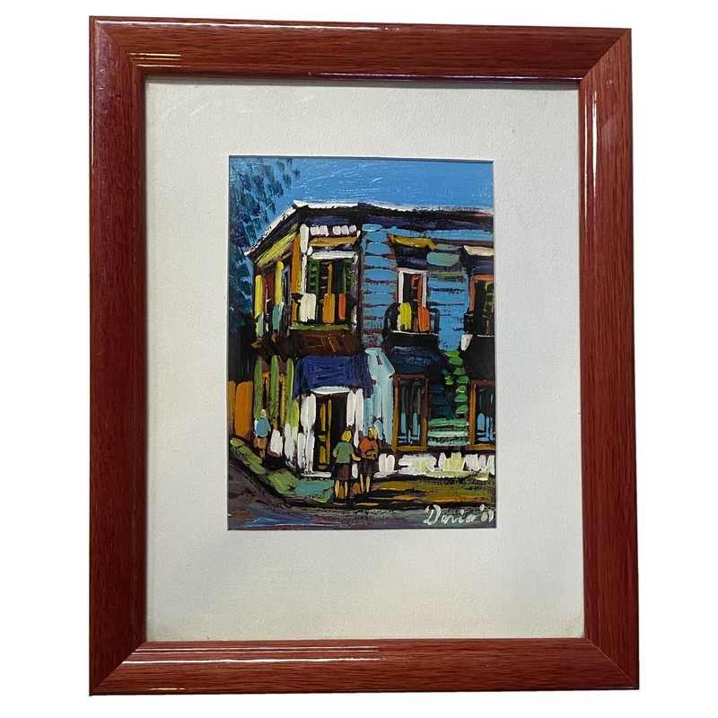Framed Art Painting Print City Scene Houses Signed