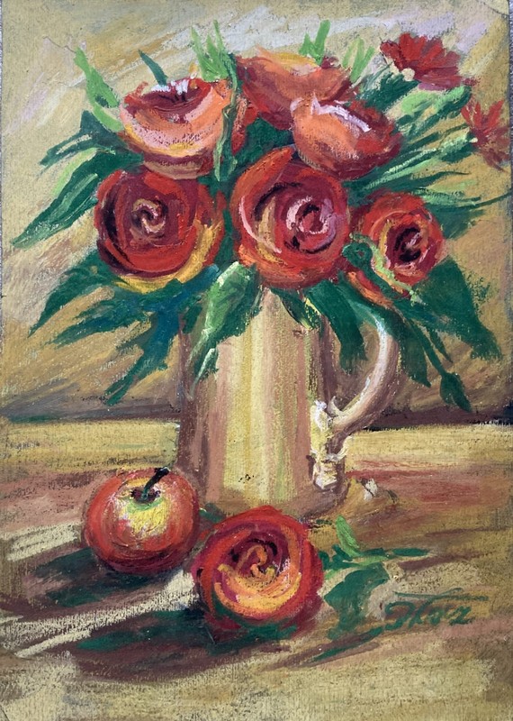 Vibrant Roses in Vase – Warm Pastel Still Life with Natural Charm