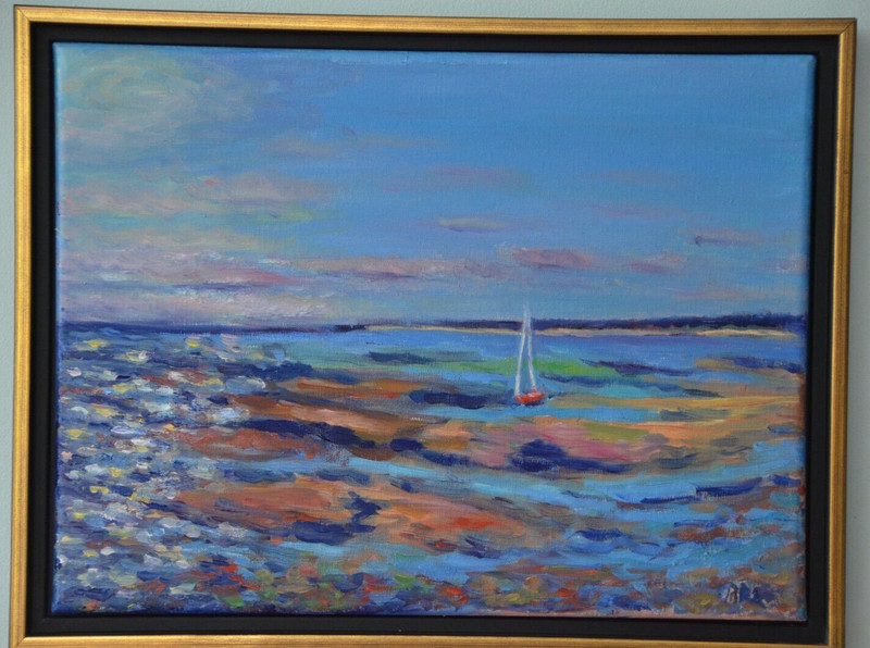 Beth Riso Original Fine Art Oil Painting – Dusk at Linnell Landing Cape Cod