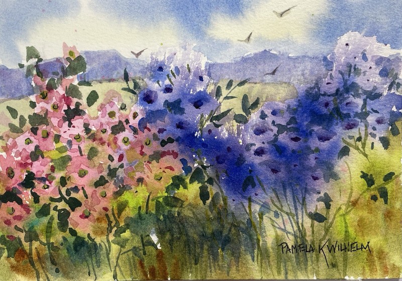 5”x7” Original Watercolor Pamela Wilhelm Summer Wild Bushes Purple Pink Hills