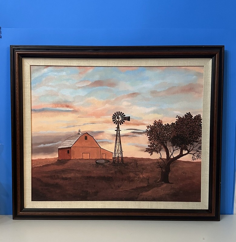 Original Acrylic On Canvas By Frieda Rau Barn Windmill Landscape Sunset 24×20”
