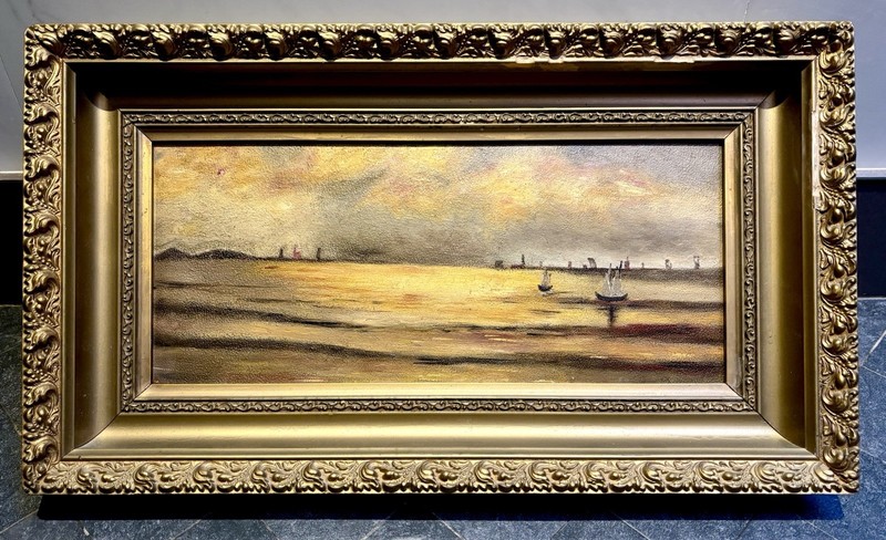 Fine Antique Vermont American School Tonalist Oil Painting Sunset Harbor Signed