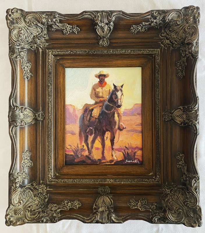 Original Oil Painting – Cowboy on his Horse in the West – Massive Ornate Frame