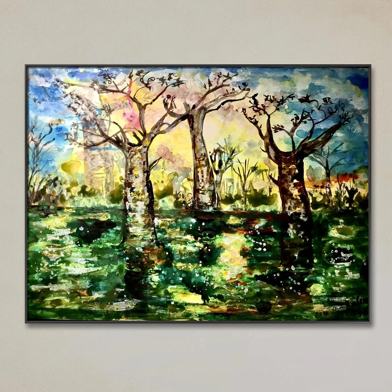 Abstract african landscape painting,baobas in the fields,colourful landscape gallery