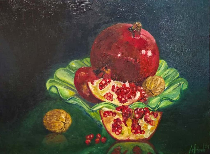 Original Pomegranate Still Life Painting, Fruits, Oil on Linen Panel 9×12 inches