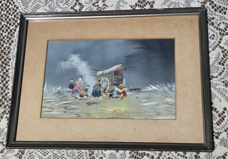 Vintage Argentine Gaucho Folk Art Painting «Parade al atardecer» Signed Wagon