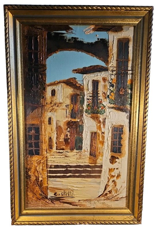 Castelle’ Vintage Italy Oil On Canvas Framed Painting Signed 11″ x 17″ in.
